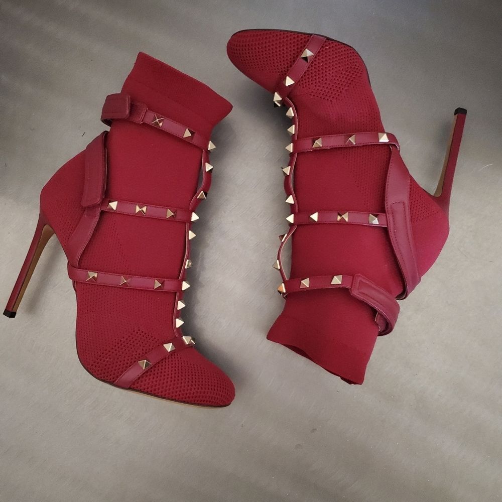 VALENTINO GARAVANI Knit Rockstud Bodytech Calfskin Sock Boot Heel Burgundy 39.5 - Picture 2 of 11